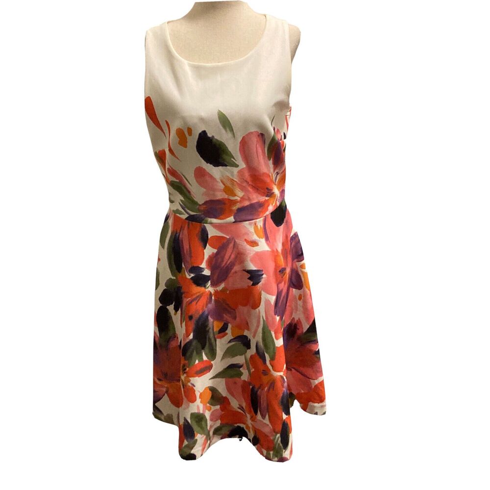 ROZ & ALI Womens Fit & Flare Party Dress White Pink Floral Sleeveless Size 6